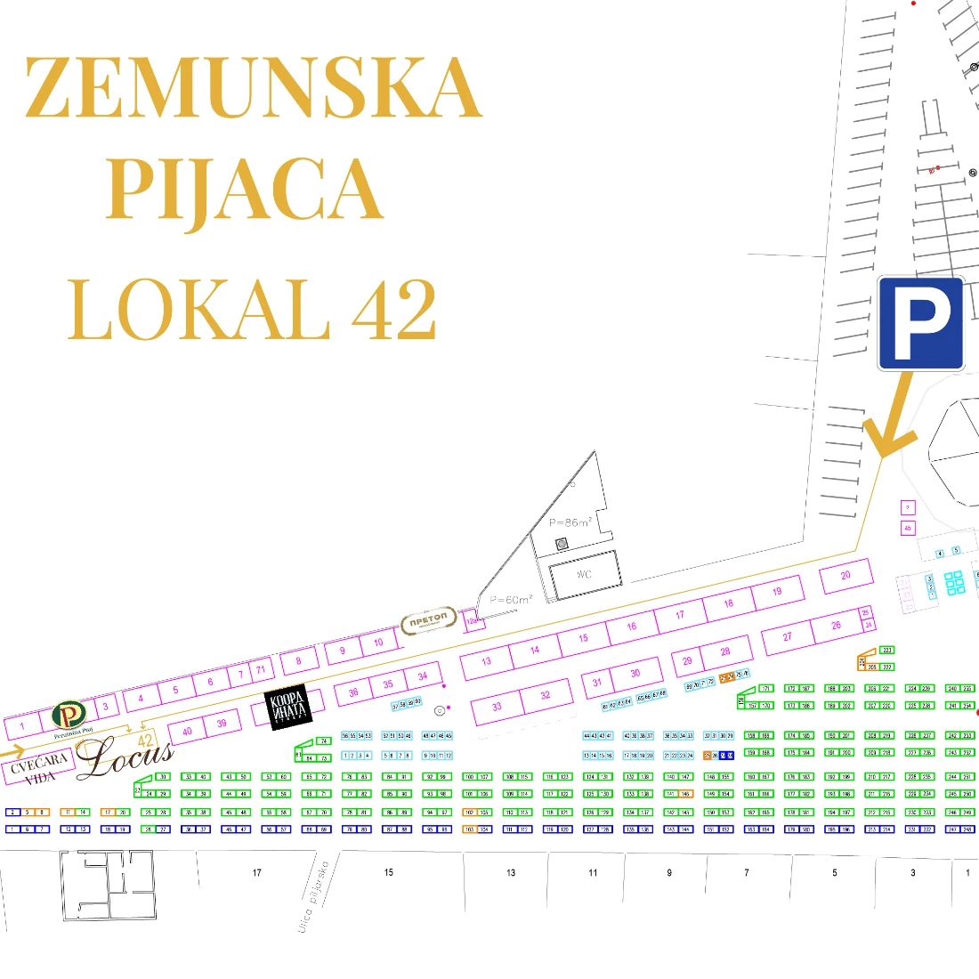 Plan Zemunske pijace sa označenim lokalom 42, gde je tezga pekare Locus.